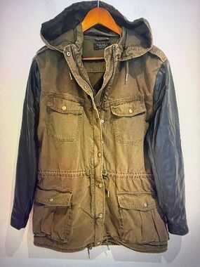 Aritzia Talula Green Hooded Trooper Utility Jacket Black Faux Leather Sleeves